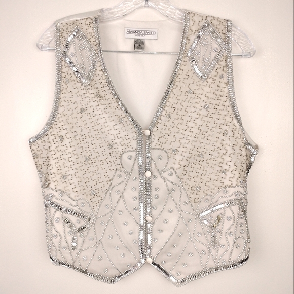 Amanda Smith Tops - Amanda Smith 100% Silk Beaded and Sequined Waist Coat In Silver Sz. S